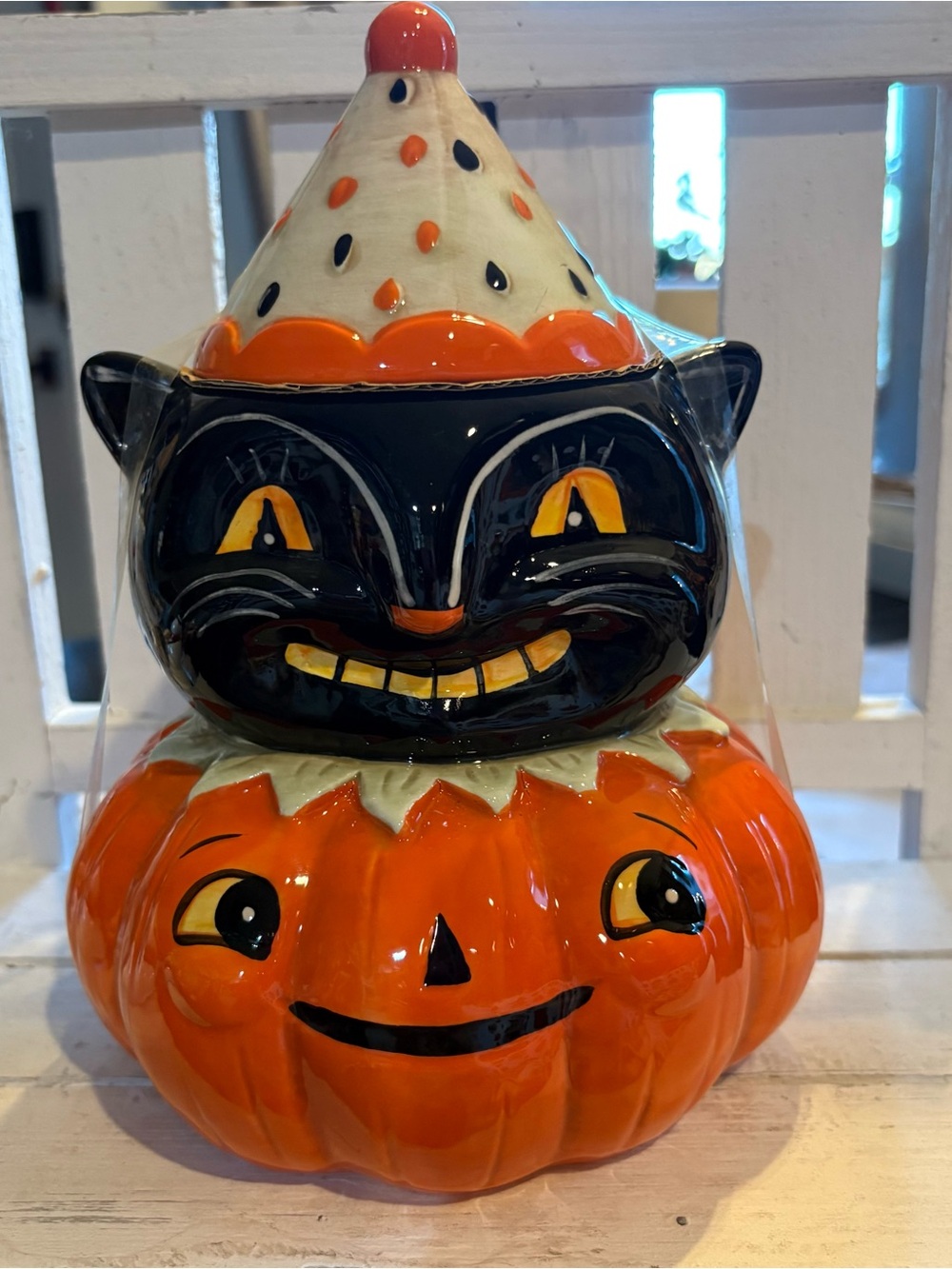 Magenta Orange & Black Stacked Cat-on-Pumpkin Ceramic Jar